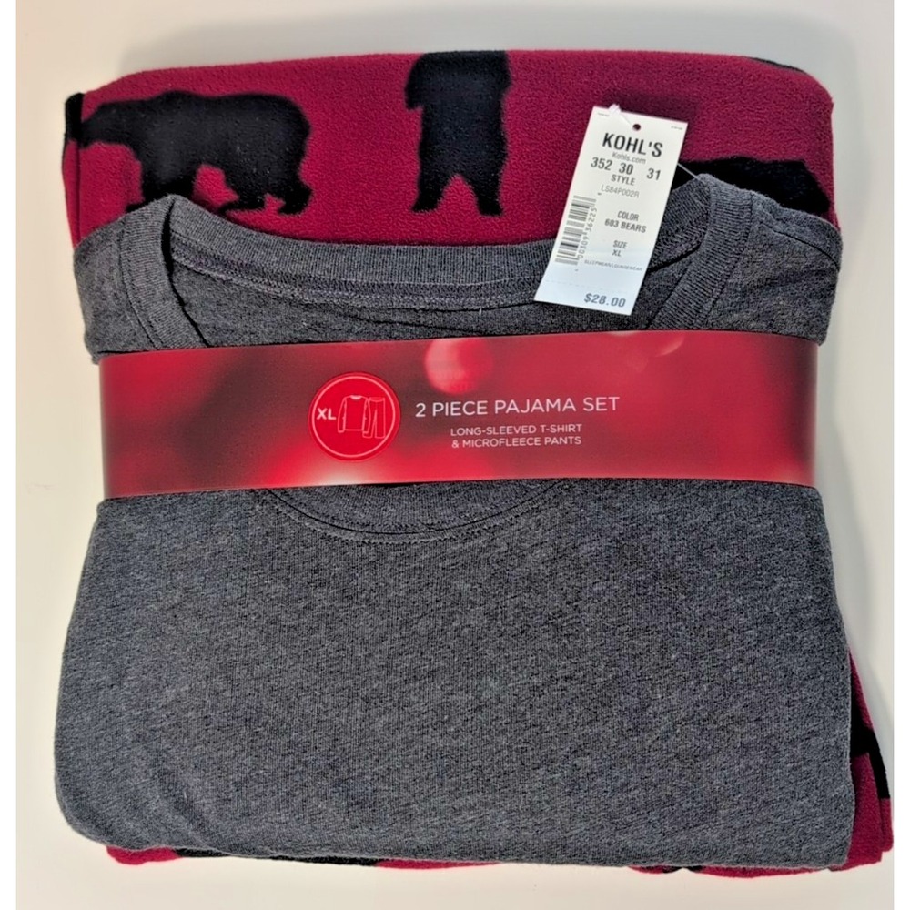 Mens Pajama Set Microfleece Pants Gray Red Bears‎ Long Sleeve Tee Shirt XL NWT